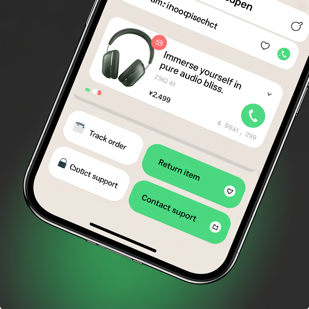 WhatsApp sohbet arayüzünde ürün kartı ve hızlı yanıt butonları